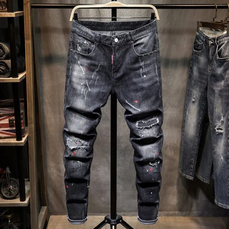 Harajuku 2023 New Men's Hip-Hop Jeans Pants with Holes and Patches Black - Image 2