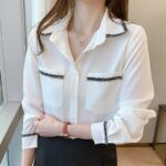 Fashion Simple Top Blouse Pocket Stitching Tassel Shirt Female Clothing Ladies Tops V-Neck Chiffon Solid White Long Sleeve