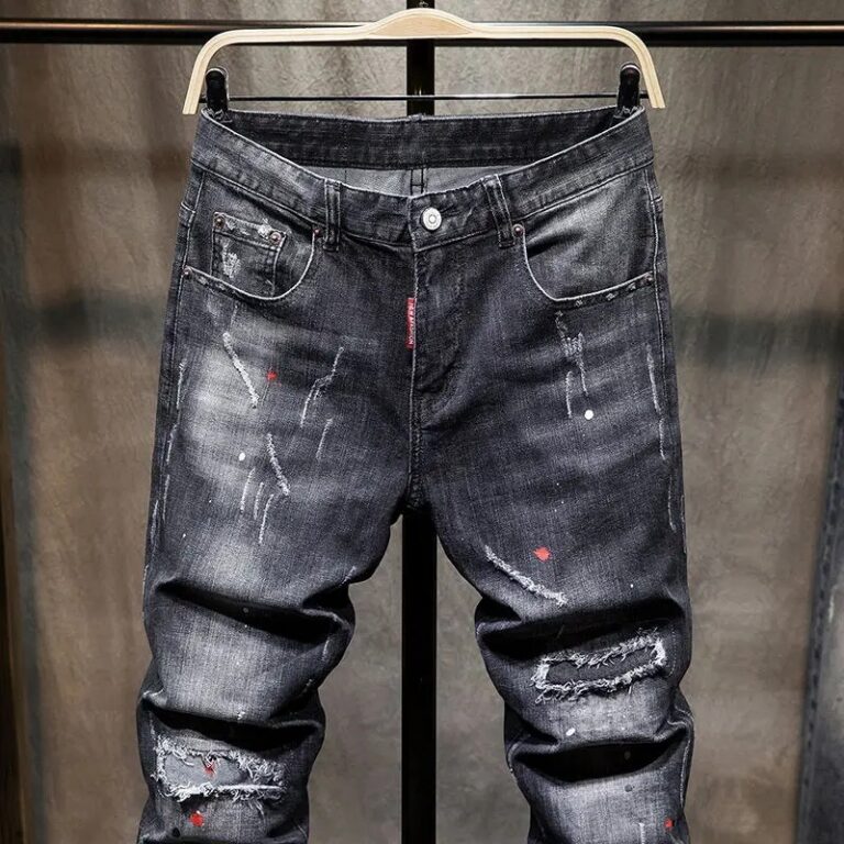 Harajuku 2023 New Men's Hip-Hop Jeans Pants with Holes and Patches Black