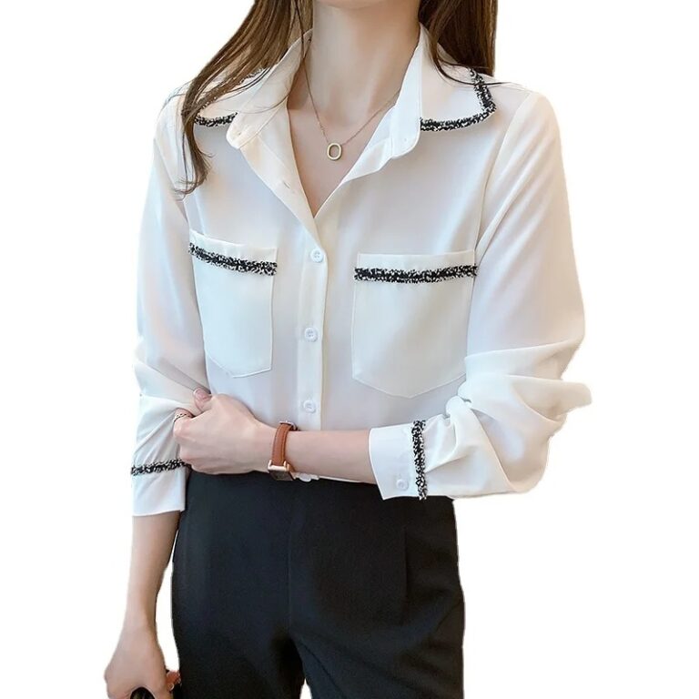 Fashion Simple Top Blouse Pocket Stitching Tassel Shirt Female Clothing Ladies Tops V-Neck Chiffon Solid White Long Sleeve - Image 3