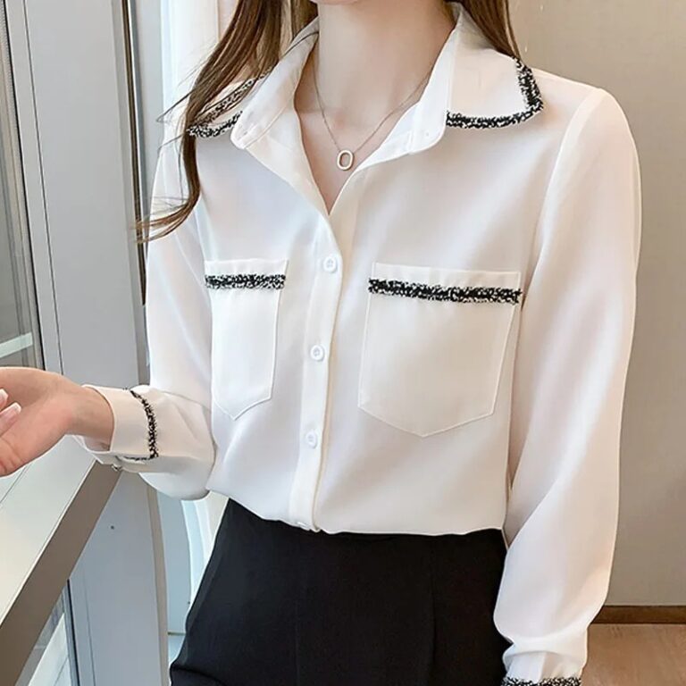Fashion Simple Top Blouse Pocket Stitching Tassel Shirt Female Clothing Ladies Tops V-Neck Chiffon Solid White Long Sleeve - Image 4